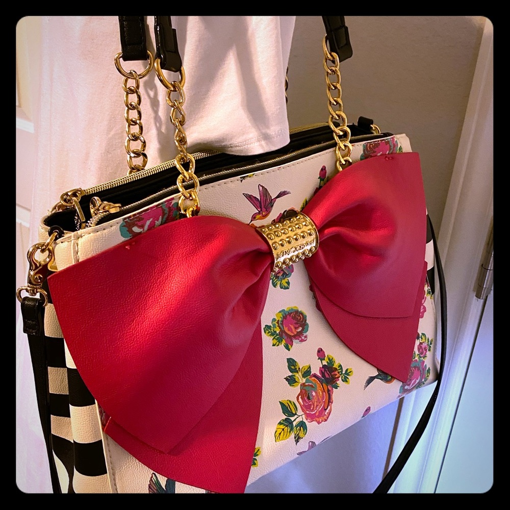 Betsy Johnson floral and stripe shoulder bag